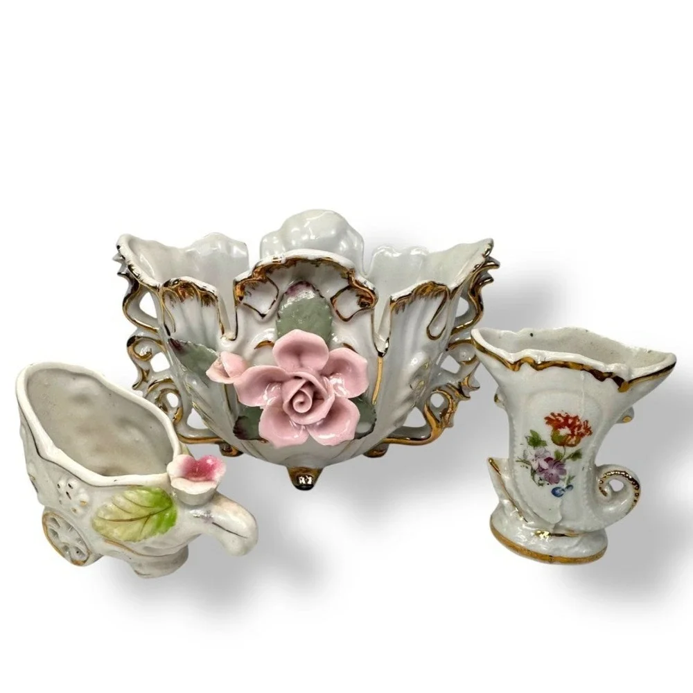 Vtg Ceramic Planter Trio Made in Japanese Rose Flower Gold Trim Decor